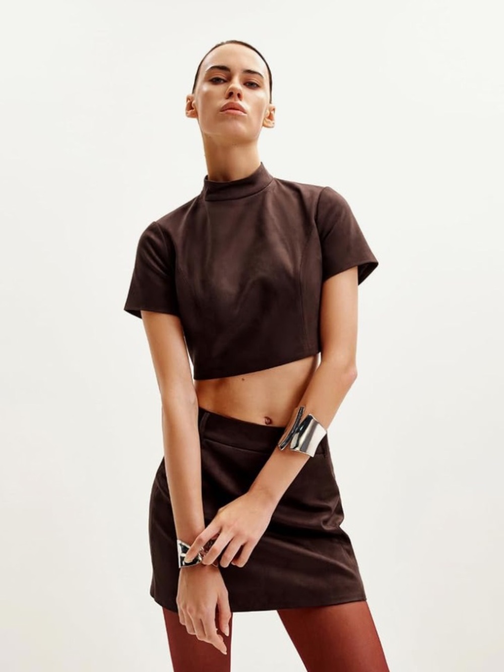 JW PEI Chocolate Brown Cropped Short Sleeve Top and skirt set